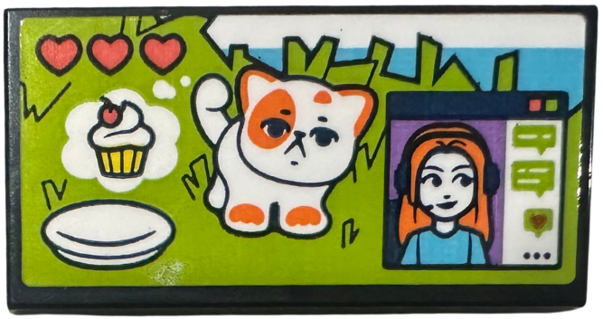 Tile 2 x 4 with Video Game Screen, Cat, Cupcake, Hearts and Female Gamer with Headset in Window Pattern (Sticker) - Set 42674