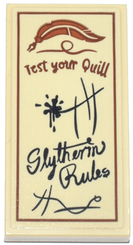 Tile 2 x 4 with Dark Orange Feather and 'Test your Quill', Black Lines, Ink Splotch and 'Slytherin Rules' Pattern (Sticker) - Set 76457