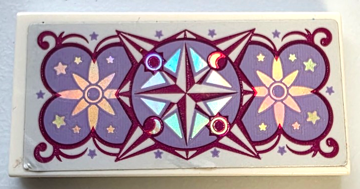 Tile 2 x 4 with Cushion with Iridescent Mirrored Flowers and Stars, Magenta Filigree, Suns and Moons on Lavender Background Pattern (Sticker) - Set 41686
