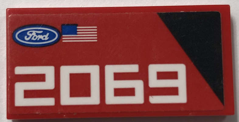 Tile 2 x 4 with Ford Logo, United States of America (USA) Flag, Black Triangle, and White '2069' Pattern Model Right Side (Sticker) - Set 76905