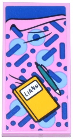 Tile 2 x 4 with Blanket with Lines and Dots, Bright Light Blue Circles, Dark Turquoise Pen, Bright Light Orange Book with 'LIANN', Blue Bedsheet Pattern (Sticker) - Set 42648