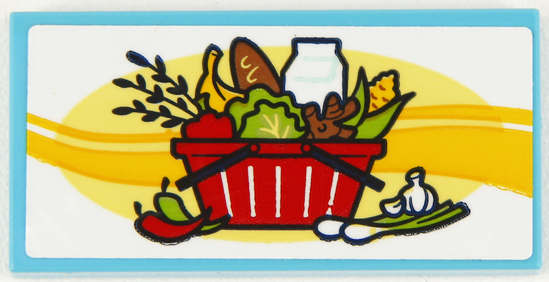 Tile 2 x 4 with Bread, Banana, Corn, Lettuce, Ginger and Milk in Red Basket, Yellow Stripe and Bright Light Yellow Oval on White Background Pattern (Sticker) - Set 41704