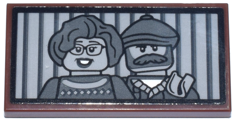 Tile 2 x 4 with Portrait of Antique Shop Shopkeeper Minifigures and Dark Bluish Gray and Light Bluish Gray Stripes Pattern (Sticker) - Set 910050