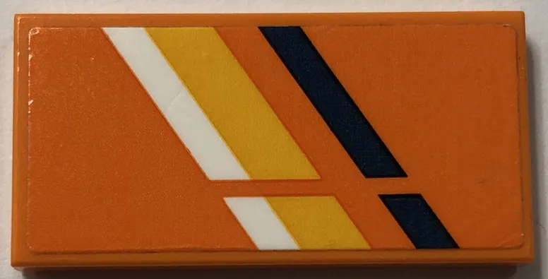 Tile 2 x 4 with White, Bright Light Orange and Dark Blue Stripes Pattern Model Left Side (Sticker) - Set 60387
