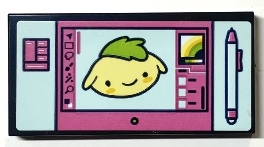Tile 2 x 4 with Computer Screen, Paint Program with Stylus, Bright Light Yellow Face on Dark Pink and Light Aqua Background Pattern (Sticker) - Set 41704