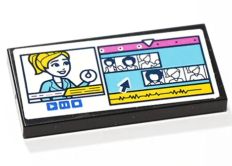 Tile 2 x 4 with White Computer Screen with Video Editing Software, Blue Play, Pause and Stop Buttons, Dark Pink Timeline, Yellow Audio Track and Female Character Pattern (Sticker) - Set 41748