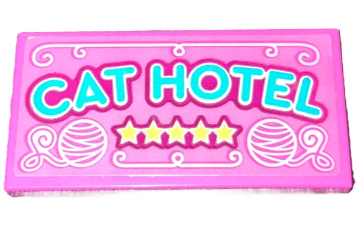 Tile 2 x 4 with Medium Azure 'CAT HOTEL', 5 Yellow Stars with Magenta Outline and White Balls of Yarn Pattern (Sticker) - Set 41742