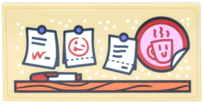 Tile 2 x 4 with Bulletin Board with White Notes, Red and Pink Circle Hot Coffee Sticker, Pen and Orange Shelf Pattern (Sticker) - Set 42677
