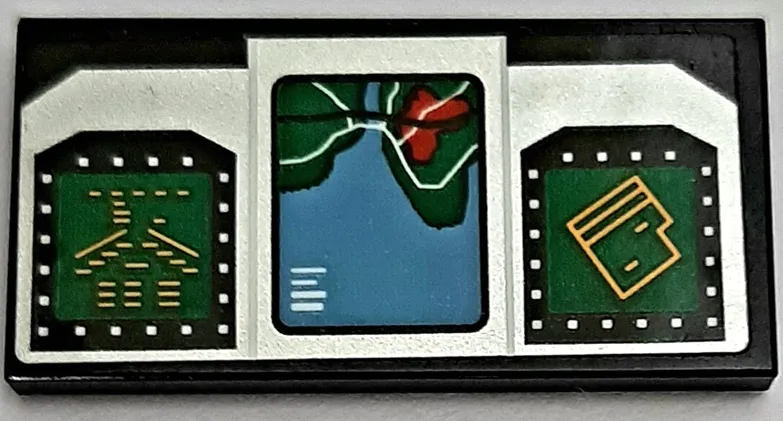 Tile 2 x 4 with Airplane Cockpit Control Screens and Map with Medium Blue Water and Green Land in Silver Frame Pattern (Sticker) - Set 42066