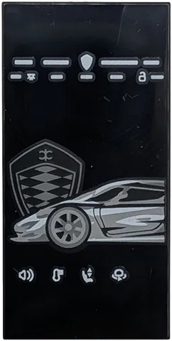 Tile 2 x 4 with White, Light Bluish Gray and Dark Bluish Gray Sadair's Spear Car and Koenigsegg Logo Pattern
