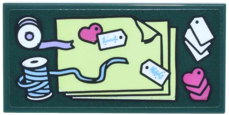 Tile 2 x 4 with Yellowish Green Paper, White Ribbon Spools and Tags and Dark Pink Hearts Pattern (Sticker) - Set 42693
