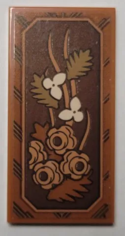 Tile 2 x 4 with Wooden Panel with Dark Orange and Dark Tan Leaves, Tan and Nougat Flowers Pattern Model Right Side (Sticker) - Set 21344