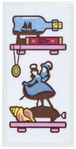 Tile 2 x 4 with Bright Pink Shelves, Metallic Light Blue Ship in a Bottle and Dancers Statue and Book, Locket and Seashell Pattern (Sticker) - Set 43299