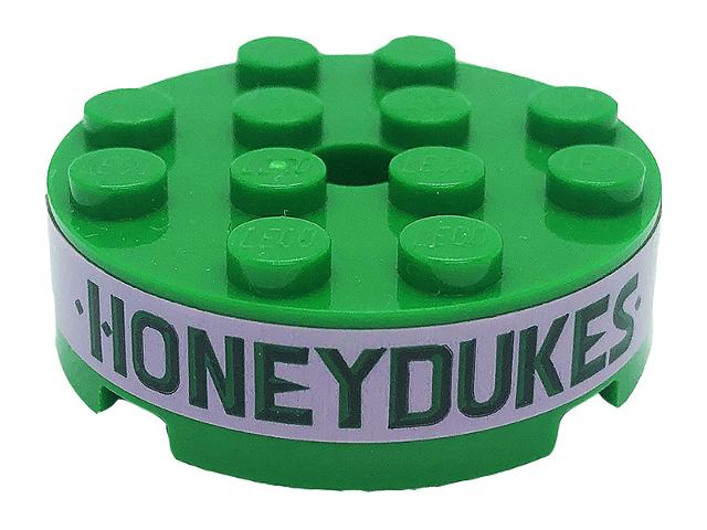 Brick, Round 4 x 4 with Hole with Dark Green 'HONEYDUKES' on Bright Pink Background Pattern (Sticker) - Set 76388