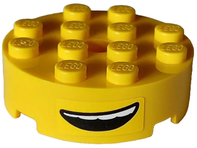 Brick, Round 4 x 4 with Hole with Black Lopsided Open Mouth Smile with Top Teeth Pattern (Sticker) - Set 75582