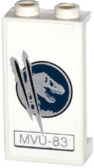 Panel 1 x 2 x 3 with Side Supports - Hollow Studs with Dark Blue and Silver Jurassic World Logo, 'MVU-83', and Claw Scratch Marks Pattern Model Left Side (Sticker) - Set 75917