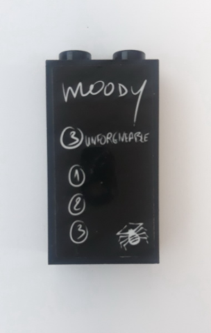 Panel 1 x 2 x 3 with Side Supports - Hollow Studs with 'moody', 'UNFORGIVEABLE', Numbers in White Circles and Spider Pattern (Sticker) - Set 75948