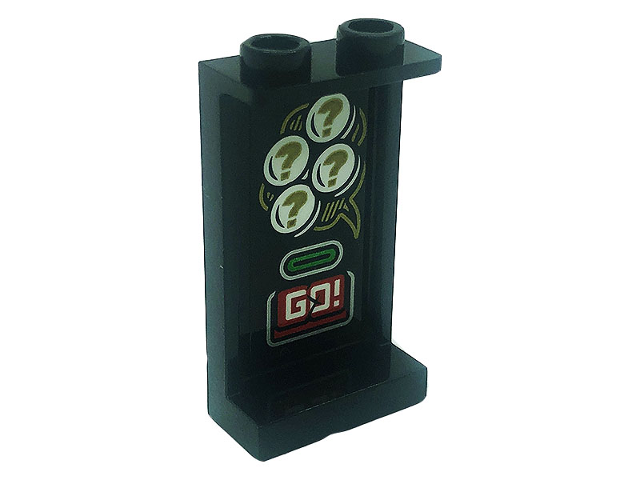 Panel 1 x 2 x 3 with Side Supports - Hollow Studs with Red Button with White 'GO!' and Gold Question Marks Pattern on Inside (Sticker) - Set 80020