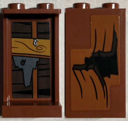 Panel 1 x 2 x 3 with Side Supports - Hollow Studs with Broken Wooden Boards and Hole on Outside and Medium Nougat Board with Nail on Inside Pattern (Stickers) - Set 76407