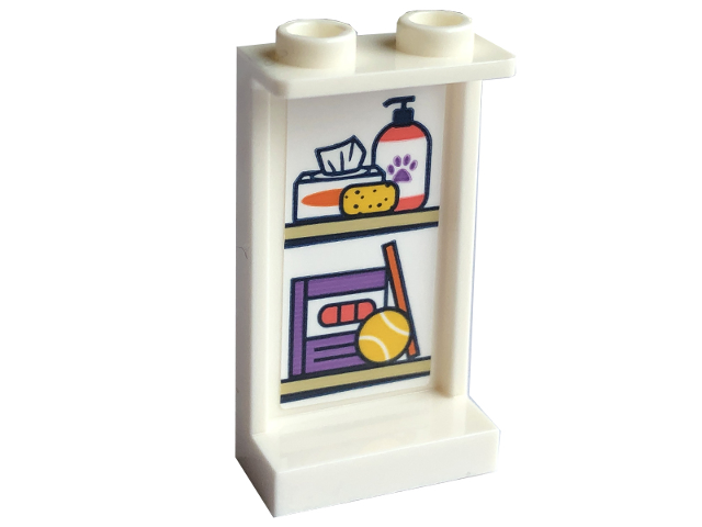Panel 1 x 2 x 3 with Side Supports - Hollow Studs with Tan Shelves, Tennis Ball, Sponge and Dog Shampoo with Paw Print Pattern (Sticker) - Set 41741