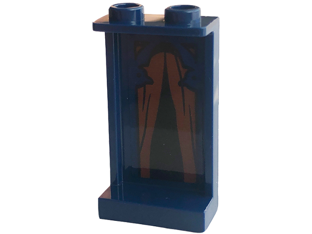 Panel 1 x 2 x 3 with Side Supports - Hollow Studs with Dark Blue Arch Window Frame and Reddish Brown Curtains Pattern (Sticker) - Set 76422