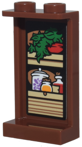 Panel 1 x 2 x 3 with Side Supports - Hollow Studs with Tan Kitchen Cupboard, Green Plant, Red Pot, and Bottles and Jars Pattern (Sticker) - Set 76437