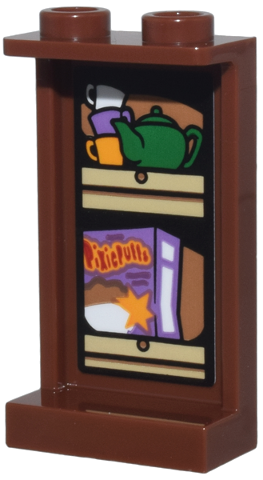 Panel 1 x 2 x 3 with Side Supports - Hollow Studs with Tan Kitchen Cupboard, Green Teapot, Bright Light Orange and White Cups, and Medium Lavender Box of 'Pixie Puffs' Pattern (Sticker) - Set 76437