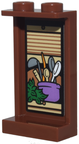 Panel 1 x 2 x 3 with Side Supports - Hollow Studs with Tan Kitchen Cupboard, Green Plant, and Medium Lavender Pot with Spoons Pattern (Sticker) - Set 76437