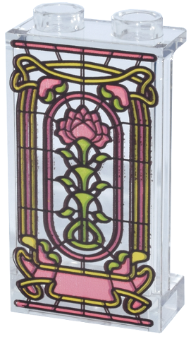 Panel 1 x 2 x 3 with Side Supports - Hollow Studs with Coral, Yellow and Bright Green Rose Stained Glass Window Pattern