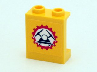 Panel 1 x 2 x 2 with Side Supports - Hollow Studs with Black Miners Helmet and Crossed Pickaxes in Red Gear Pattern (Sticker) - Set 4204