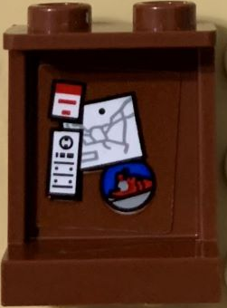 Panel 1 x 2 x 2 with Side Supports - Hollow Studs with Tickets, Red Train and Light Bluish Gray Route Map on Reddish Brown Background Pattern (Sticker) - Set 71044