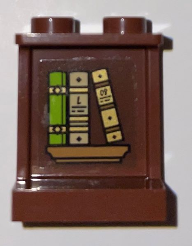 Panel 1 x 2 x 2 with Side Supports - Hollow Studs with Lime, Dark Tan, and Gold Books, Medium Nougat Shelf Pattern (Sticker) - Set 75969
