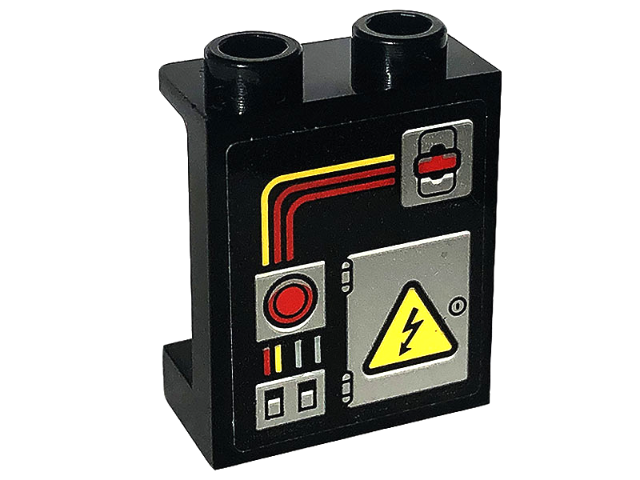 Panel 1 x 2 x 2 with Side Supports - Hollow Studs with Red and Yellow Electrical Switches and Wires and Warning Sign on Door Pattern (Sticker) - Set 60319