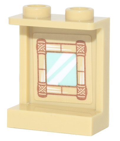 Panel 1 x 2 x 2 with Side Supports - Hollow Studs with Bamboo Window Frame and Glass with Reflections Pattern (Sticker) - Set 41700