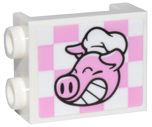 Panel 1 x 2 x 2 with Side Supports - Hollow Studs with Pigsy Head on Bright Pink and White Checkered Pattern Side A (Sticker) - Set 80036