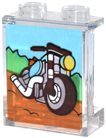 Panel 1 x 2 x 2 with Side Supports - Hollow Studs with Motorcycle, Reddish Brown Road, and Green Bushes Pattern (Sticker) - Set 31147