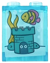 Panel 1 x 2 x 2 with Side Supports - Hollow Studs with Dark Turquoise Sand Castle, Seaweed, Bubbles and Fish Pattern (Sticker) - Set 41405