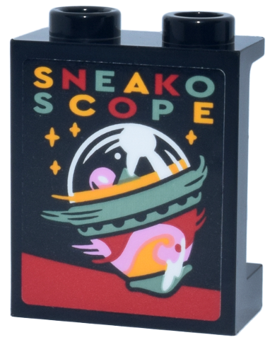 Panel 1 x 2 x 2 with Side Supports - Hollow Studs with Red, Sand Green and Bright Light Orange 'SNEAKO SCOPE' Spinning Orb Top and Sparkles Pattern (Sticker) - Set 76457