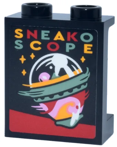 Panel 1 x 2 x 2 with Side Supports - Hollow Studs with Red, Sand Green and Bright Light Orange 'SNEAKO SCOPE' Spinning Orb Top and Sparkles Pattern (Sticker) - Set 76457