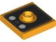 Plate, Modified 2 x 2 with Groove and 1 Stud in Center with Two White Circles (Lights) and Grille on Black Square with Rounded Corners Pattern