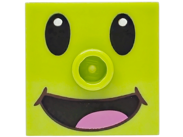 Plate, Modified 2 x 2 with Groove and 1 Stud in Center with Black Eues with White Glints, Open Mouth Smile with Dark Pink Tongue Pattern (Super Mario Prince Florian Face)