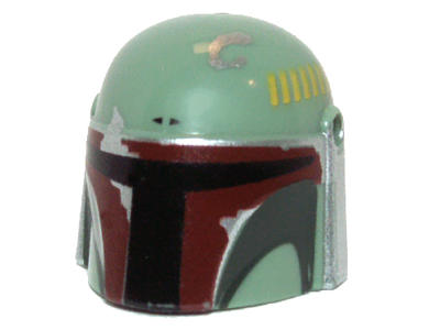 Minifigure, Headgear Helmet with Holes, SW Mandalorian with Dark Green Cheek Indents, Silver Sides and Battle Damage - Type 1, Partial Dark Red Visor Outline Right Pattern