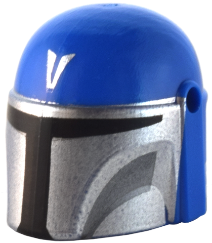 Minifigure, Headgear Helmet with Holes, SW Mandalorian with Silver 'V' and Mask, Dark Bluish Gray Cheek Indents and Black Visor Pattern