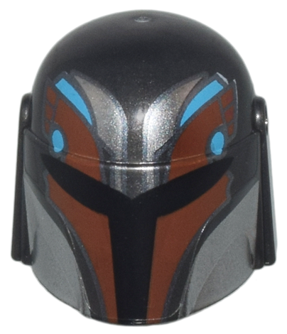 Minifigure, Headgear Helmet with Holes, SW Mandalorian with Black, Silver, Reddish Brown, and Medium Azure Pattern
