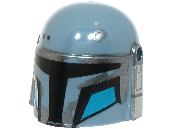 Minifigure, Headgear Helmet with Holes, SW Mandalorian with Visor, Dark Silver Highlights and Dark Azure Cheek Indents with Black Outline Pattern