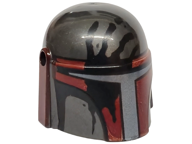 Minifigure, Headgear Helmet with Holes, SW Mandalorian with Dark Red and Dark Silver Visor and Black Handprint Pattern