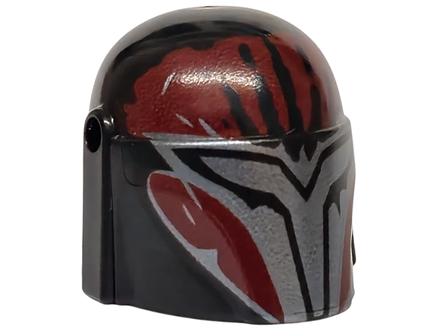 Minifigure, Headgear Helmet with Holes, SW Mandalorian with Dark Red and Dark Silver Visor with Scratches and Handprint Pattern