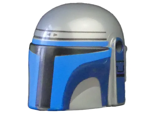 Minifigure, Headgear Helmet with Holes, SW Mandalorian with Blue and Dark Blue Visor and Black Detail Lines on Left Side Pattern