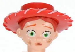 Minifigure, Head, Modified Female with Red Hat and Ponytail, Dirt Stains Pattern (Jessie)