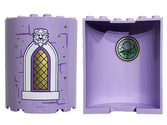 Cylinder Half 3 x 6 x 6 with 1 x 2 Cutout with Bricks, Gold Stars, Lattice Window and Beast Head on Outside and Metallic Pink Rose on Metallic Light Blue Stained Glass on Inside Pattern (Stickers) - Set 43196
